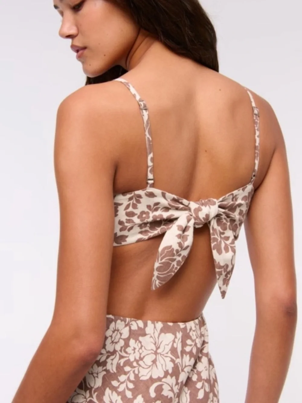 Abercrombie & Fitch Brown and cream linen Floral Cutout Maxi Dress (Julia slip)